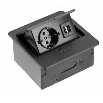 Удлинитель врезной GTV квадратный 2 розетки (Schucko) 2хUSB черный с проводом AE-PB1SAVA-20